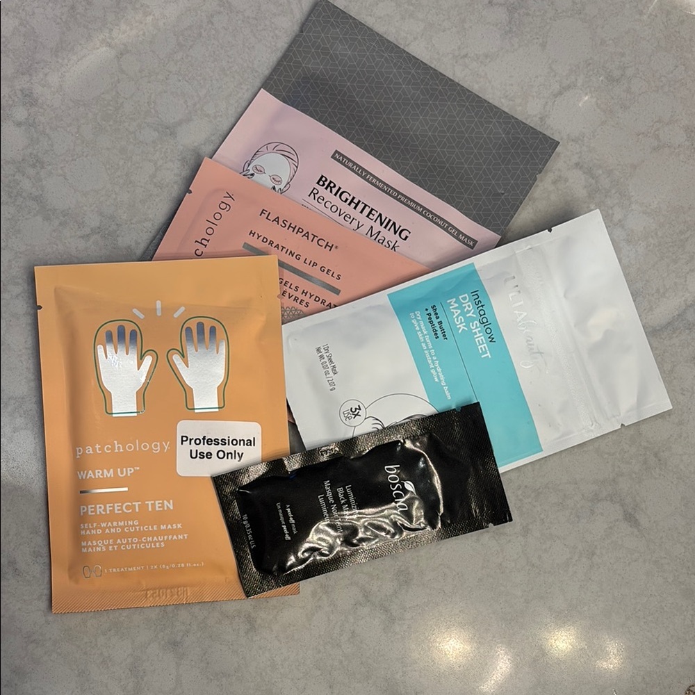 Three face masks, cuticle mask, and lip gels